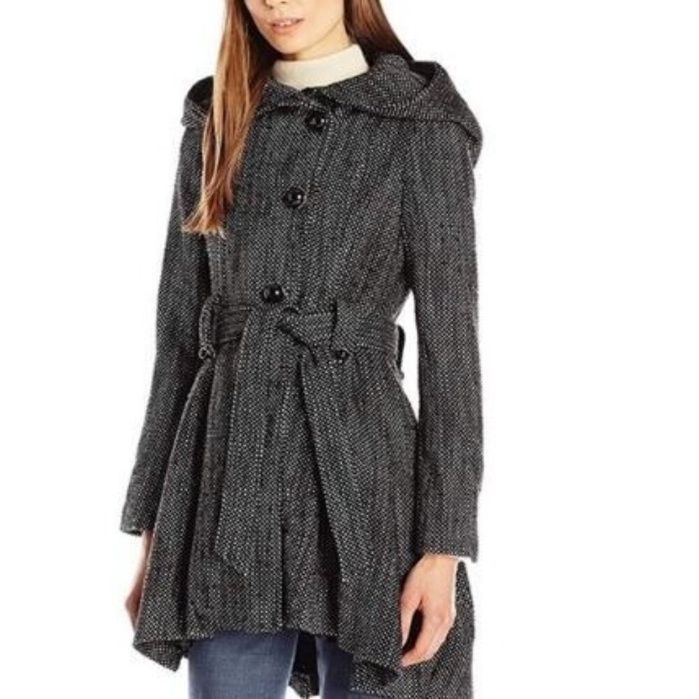 Steve Madden Drama Black white Tweed Peacoat XL Waist Tie Hooded Lined